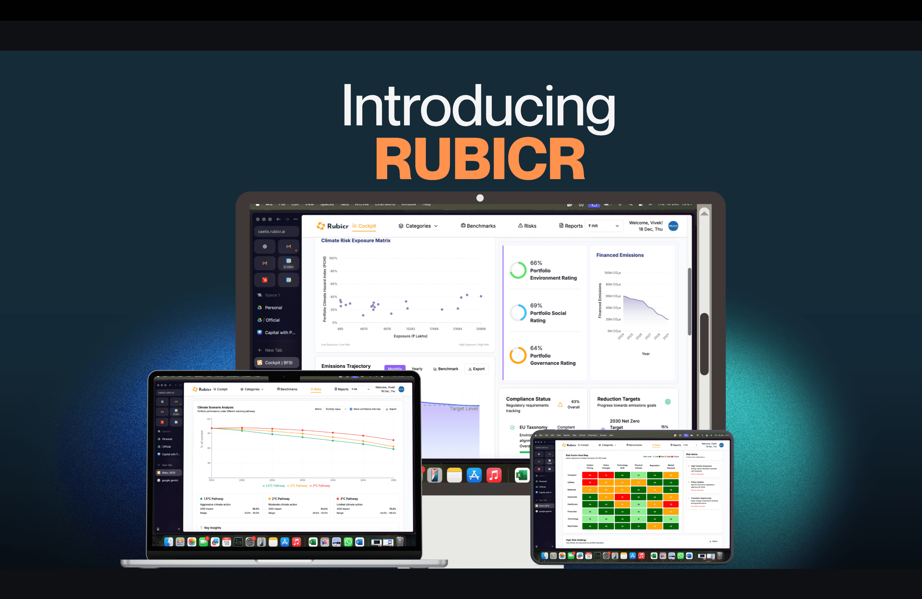 RubiCr Caetis dashboard interface showing multiple screens with climate risk exposure analytics, portfolio ESG ratings, financial emissions tracking, and compliance monitoring